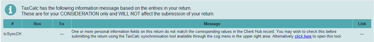 tcsyncCH - One or more personal information fields on this return do not match the corresponding values in the Client Hub Record